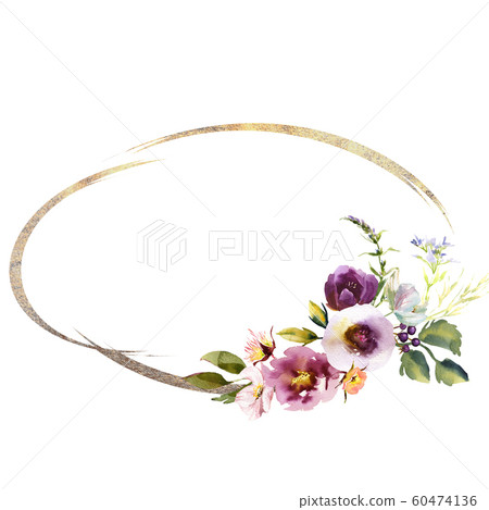Wedding frame wreath bridal romanric rustic warm bouquet. Hand drawing watercolor pink and purple and orange flowers ornament Wedding frame wreath bridal romanric rustic warm bouquet. Hand drawing watercolor pink and purple and orange flowers ornament 60474136