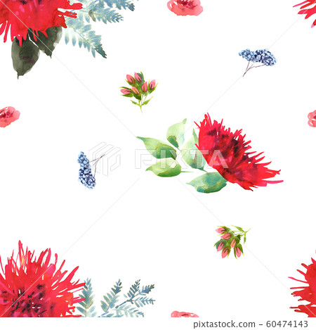 Bright Wedding bridal romanric bouquet seamless pattern. Hand drawing watercolor red and purple and green flowers ornament Bright Wedding bridal romanric bouquet seamless pattern. Hand drawing watercolor red and purple and green flowers ornament 60474143