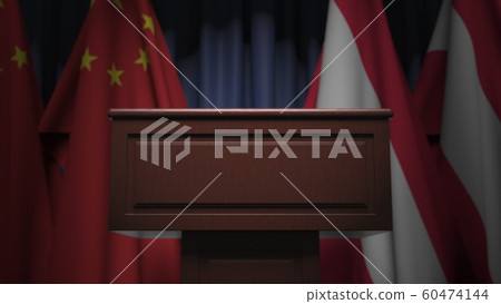 Many flags of Austria and China behind speaker tribune, 3D rendering 60474144