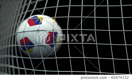 Ball with flags of Venezuela hits goal. 3D rendering Ball with flags of Venezuela hits goal. 3D rendering 60474152