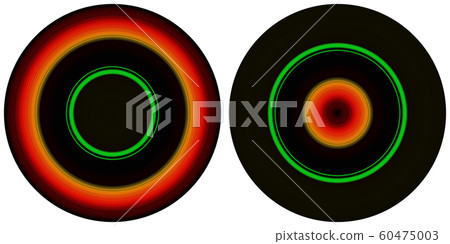 Set of 2 bright abstract colorful circles isolated on white background. Circular lines , radial striped texture in orange, green and black tones. Round pattern 60475003