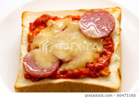Pizza toast (white plate, white background). Easy breakfast image just by placing and baking. Pizza toast (white plate, white background). Easy breakfast image just by placing and baking. 60475168