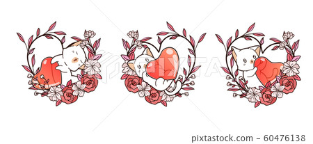 Hand drawn 3 different kawaii cat and heart with heart vine Hand drawn 3 different kawaii cat and heart with heart vine 60476138