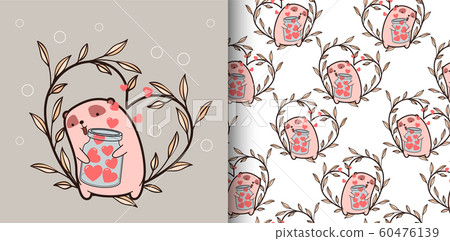 Seamless pattern kawaii bear is holding heart and heart vine Seamless pattern kawaii bear is holding heart and heart vine 60476139