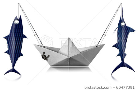 Big game fishing concept - Paper boat with two fishing rods and caught fishes 60477391