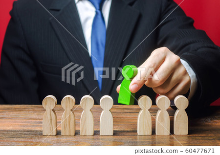 Businessman chooses a person from the team. Leadership and promotion. The best employee, leader. Human Resource Management and Recruitment. Toxicity in the team. Hire, recruiting. Wooden figures Businessman chooses a person from the team. Leadership and promotion. The best employee, leader. Human Resource Management and Recruitment. Toxicity in the team. Hire, recruiting. Wooden figures 60477671