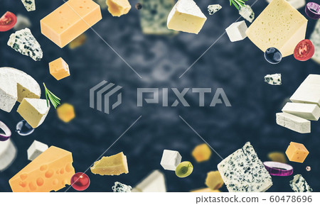 Cheese frame on black background, different types of cheese 60478696
