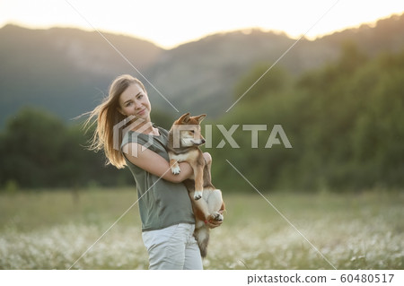 A woman on a walk in the field holding a pet dog in her hands A woman on a walk in the field holding a pet dog in her hands 60480517