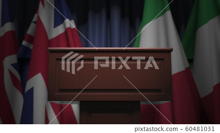 Flags of Italy and the United Kingdom at international meeting, 3D rendering 60481031