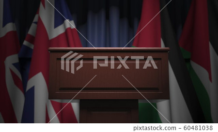 Many flags of Jordan and the United Kingdom behind speaker tribune, 3D rendering Many flags of Jordan and the United Kingdom behind speaker tribune, 3D rendering 60481038
