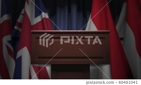 Flags of Indonesia and the United Kingdom and tribune, 3D rendering 60481041