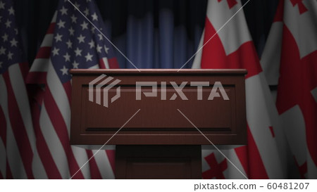 Many flags of Georgia and the USA behind speaker tribune, 3D rendering