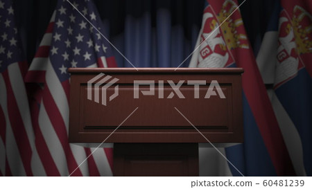 Many flags of Serbia and the USA behind speaker tribune, 3D rendering Many flags of Serbia and the USA behind speaker tribune, 3D rendering 60481239