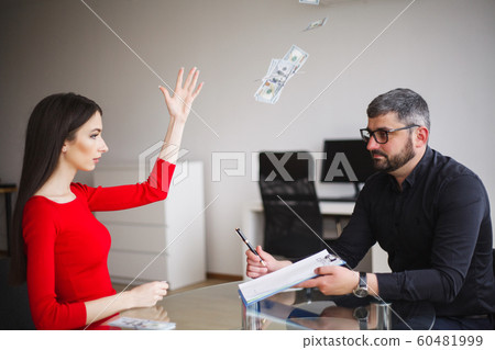 Business. Business Woman Gives Money to Men. Woman Dressed in Red Dress Gives Bribe. Business Man In Gray Jacket Gets Bribe. High Resolution 60481999