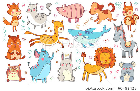 Cute hand drawn animals. Friendship animal funny doodle cat, decorative adorable fox and baby bear isolated vector illustration set Cute hand drawn animals. Friendship animal funny doodle cat, decorative adorable fox and baby bear isolated vector illustration set 60482423