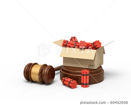 3d rendering of cardboard box full of dynamite standing on sounding block with judge gavel lying beside block. 60482698