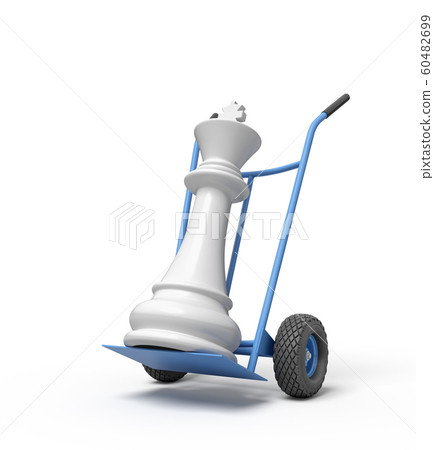 3d close-up rendering of white chess king on blue hand truck. 3d close-up rendering of white chess king on blue hand truck. 60482699