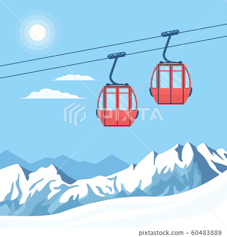Red ski cabin lift for mountain skiers and snowboarders moves in the air on a cableway. Vector flat illustration. Red ski cabin lift for mountain skiers and snowboarders moves in the air on a cableway. Vector flat illustration. 60483889