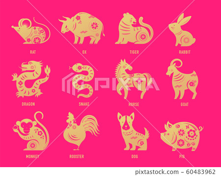 Chinese new year, zodiac signs, papercut icons and symbols. Vector illustrations 60483962