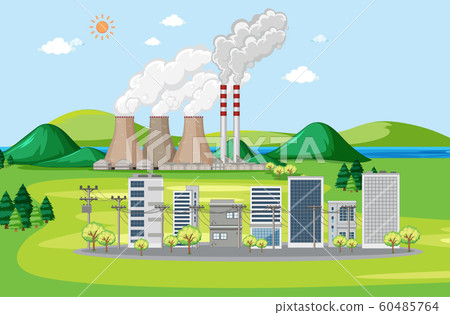 Scene with buildings and factory by the hills 60485764
