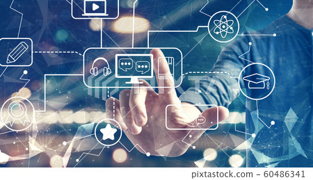 E-learning concept with a man on city background 60486341
