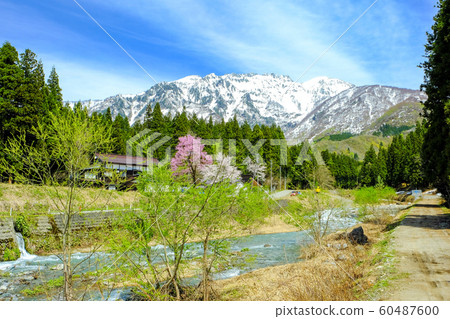 Hakkaisan and mountain stream of remaining snow 60487600