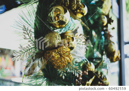 christmas wreath hanging on front door christmas wreath hanging on front door 60492559