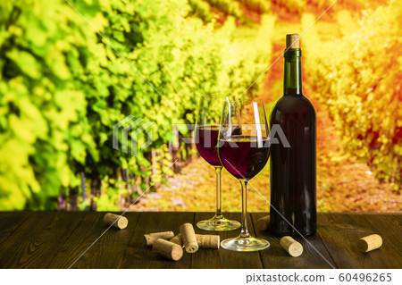 Bottle of wine and glasses on the background of the vineyard at sunset Bottle of wine and glasses on the background of the vineyard at sunset 60496265