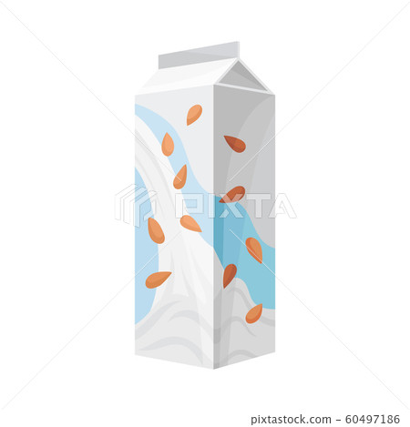 Almond Milk in Carton Package with Full Glass Standing Beside it Vector Illustration 60497186