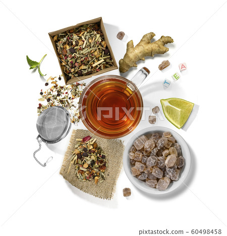 Picking of herbs, berries, tea and accessories. Top view on white background Picking of herbs, berries, tea and accessories. Top view on white background 60498458