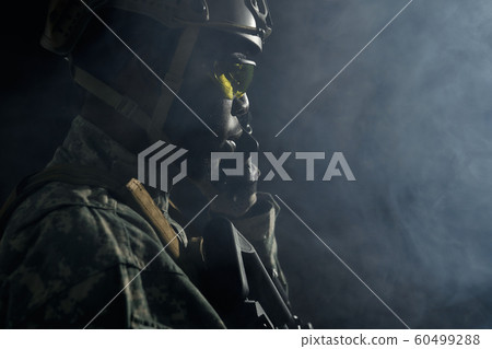 Soldier talking from remote radio communication. 60499288