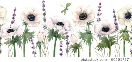 Beautiful watercolor floral horizontal seamless pattern with anemone, lavanda flowers and dragonflies. Stock illustration. Beautiful watercolor floral horizontal seamless pattern with anemone, lavanda flowers and dragonflies. Stock illustration. 60501757