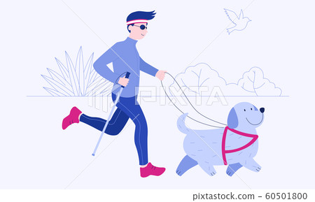Cheerful young man with white cane and his guide dog are running around in the park. Vision impairment concept. Colorful vector illustration for web and printing. Cheerful young man with white cane and his guide dog are running around in the park. Vision impairment concept. Colorful vector illustration for web and printing. 60501800