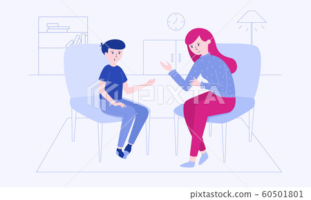 Boy, who came to behavioral therapy due to his social problems. Psychotherapist and a client, discussing the ways of behavioral changing concept. Colorful vector illustration for web and printing. Boy, who came to behavioral therapy due to his social problems. Psychotherapist and a client, discussing the ways of behavioral changing concept. Colorful vector illustration for web and printing. 60501801