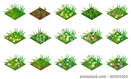 Isometric grass and flowers set. Isolated tiles to design farm or garden landscape. For cartoon or game asset. Vector illustration. 60501903