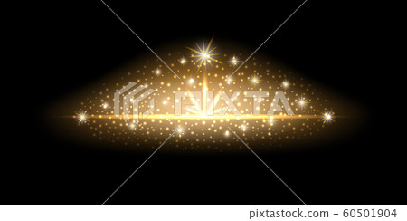 Light golden glow flash on black background. Shiny effect, neon, gold dust particles and stars. Design element, vector illustration 60501904
