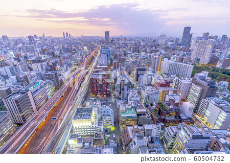 Osaka cityscape towards Awaza, evening view 60504782
