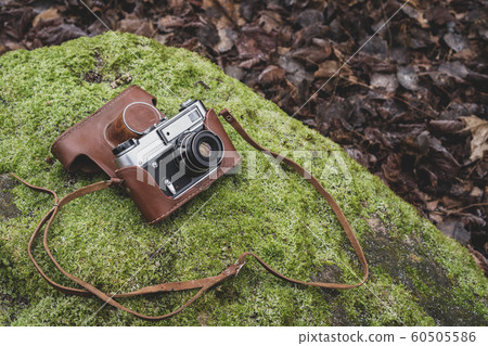 Retro camera lying on the mossy stone Retro camera lying on the mossy stone 60505586