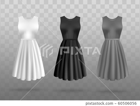 Set of realistic white, black and gray dresses template and mockup for woman, front view. 60506056