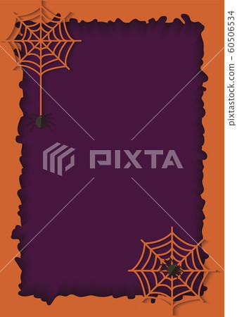 Violet paper cut background and orange frame with a hanging web of dangerous and poisonous spider. Violet paper cut background and orange frame with a hanging web of dangerous and poisonous spider. 60506534