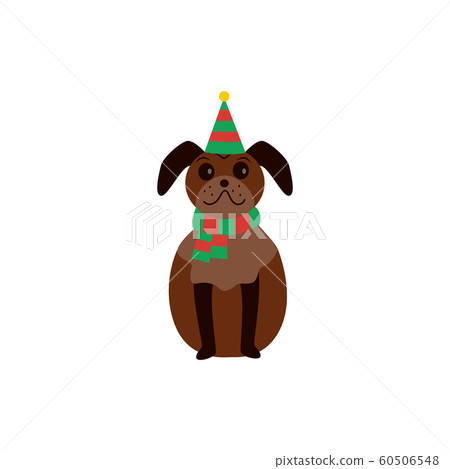 Cute brown pug stands in a Christmas striped hat, concept of celebrating Christmas and New Year. Cute brown pug stands in a Christmas striped hat, concept of celebrating Christmas and New Year. 60506548