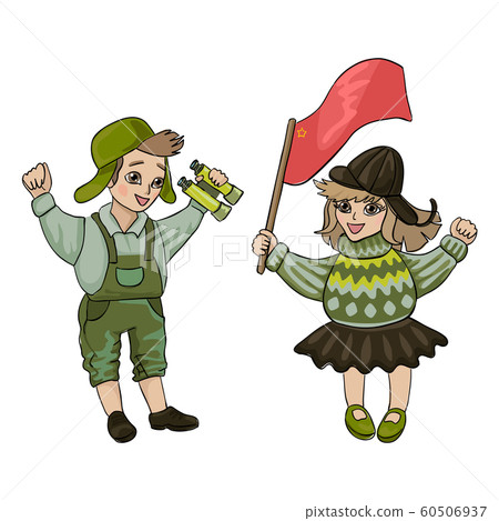 Children in military uniform, boy with binoculars and a girl with a flag. Symbol of victory Children in military uniform, boy with binoculars and a girl with a flag. Symbol of victory 60506937