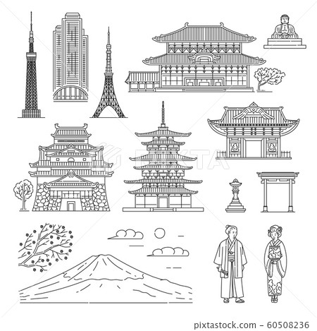 Japan line art set - Oriental architecture, people in national clothes and Fuji Japan line art set - Oriental architecture, people in national clothes and Fuji 60508236