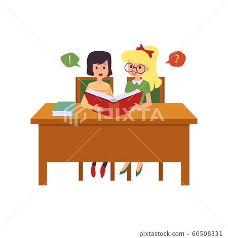 Little cartoon girls sitting at school desk reading a book 60508331