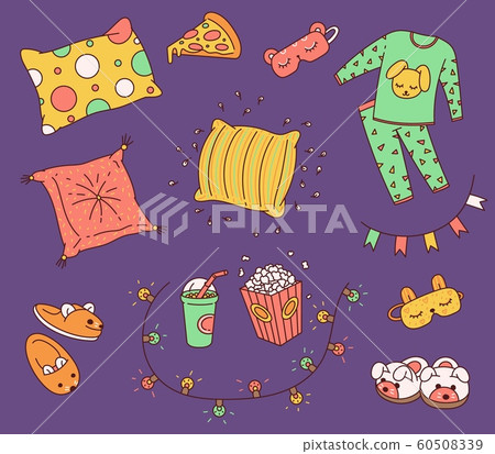 Slumber night or pajama party icons set of sketch vector illustrations isolated. Slumber night or pajama party icons set of sketch vector illustrations isolated. 60508339