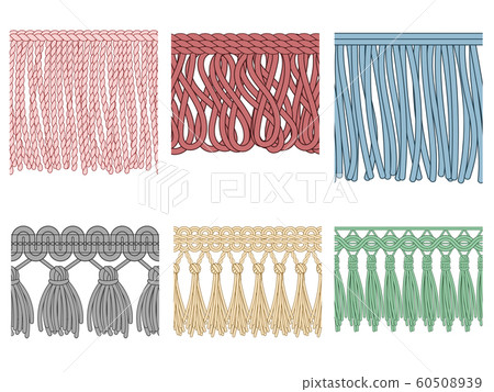 Garment fringe. Ruffle seam trim, raw textile edge and tassel braid ruffles isolated seamless patterns illustration set Garment fringe. Ruffle seam trim, raw textile edge and tassel braid ruffles isolated seamless patterns illustration set 60508939