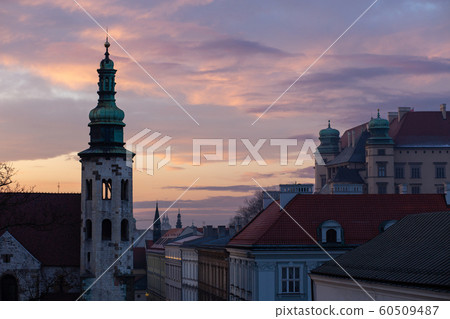 Morning sky in Krakow, Poland. View on church Morning sky in Krakow, Poland. View on church 60509487