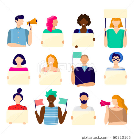 Activist holding placard. Protest active people, male and female hold poster and protesting activists vector illustration bundle Activist holding placard. Protest active people, male and female hold poster and protesting activists vector illustration bundle 60510165