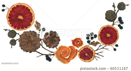 Christmas vignette with dried oranges and winter Christmas vignette with dried oranges and winter 60511187