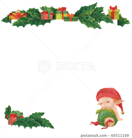 Christmas greeting card with holly and baby elf 60511189